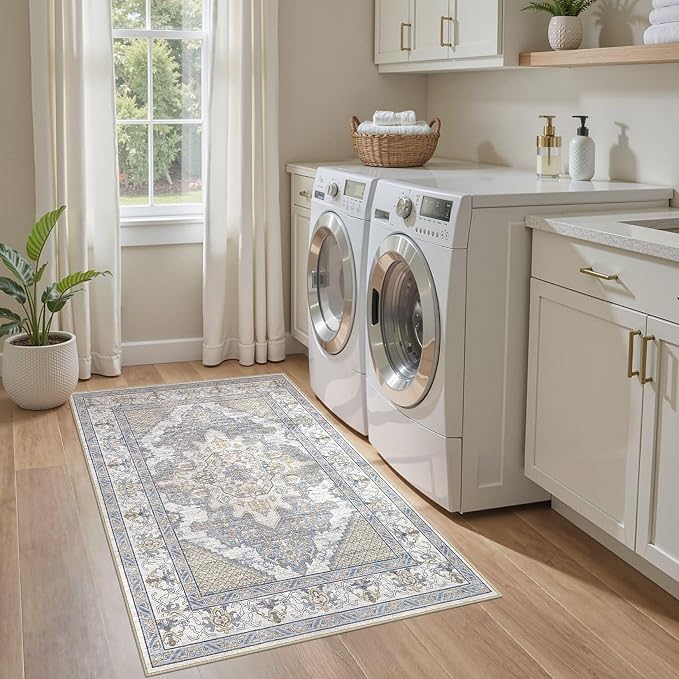 Tortania Area Rug Living Room Rugs - 3x5 Washable Rug Vintage Oriental Distressed Farmhouse Small Thin Indoor Carpet for Living Room Bedroom Under Dining Table Home Office - Blue Beige