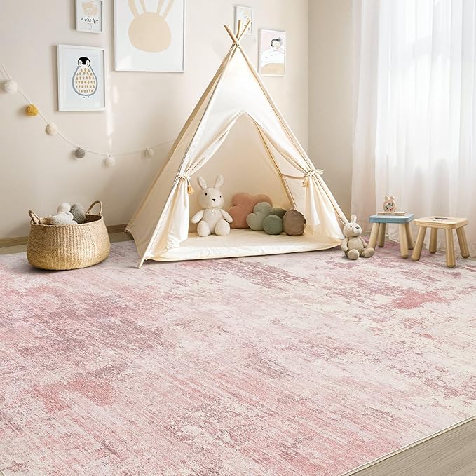 UERMEI 5x7 Area Rug Living Room Rugs - Washable Neutral Modern Abstract Soft Thin Large Rug Indoor Floor No Slip Rug Carpet for Bedroom Under Dining Table Home Office Decor - Pink