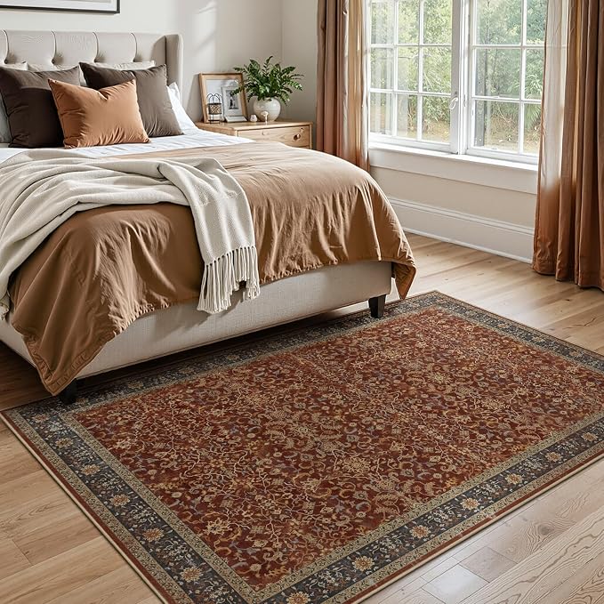 5x7 Area Rugs, Vintage Old Money Aesthetic Maximalist Print Rugs for Living Room Bedroom, Washable Non Slip Ultra Thin Carpet Rug for Dining Room Home Office, Deep Burnt Orange