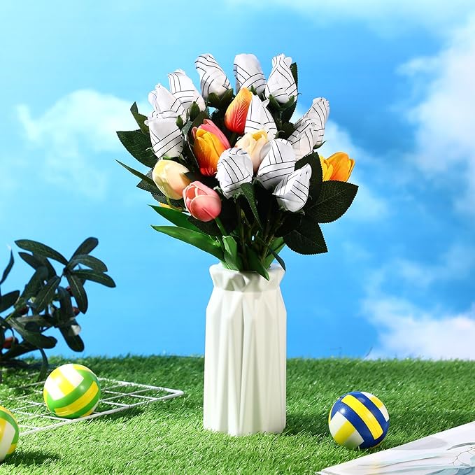 Suhine 24 Pcs Artificial Volleyball Rose Flowers Sports Party Favors Bulk for Birthday Graduation Wedding Party Decoration Table Centerpieces Mom Team Coach Senior Night Gift(Volleyball Color, Normal)