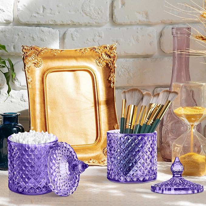 Aoriher 4 Pcs Crystal Glass Candy Jar Set with Lids Home Decorative Storage Jars for Apothecary, Bathroom, Kitchen, and Pantry, Ideal for Cotton Swabs and Jewelry(Medium,Light Purple)