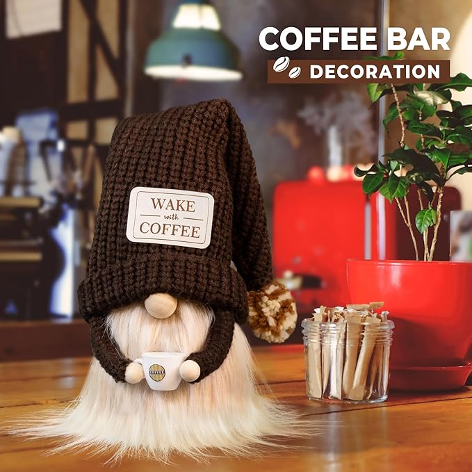 Coffee Gnome - Cute Plush Gnome Holding Cup, Handmade Bar Decor & Accessories, Gift for Coffee Lovers, Swedish Tomte Elf Dwarf for Station, Kitchen, Valentine, Christmas & Home Decorations
