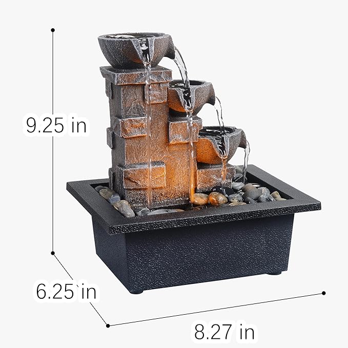 GOSSI Home Décor Imitation 3-Tier Stone Wall Tabletop Fountain Many Natural River Rock Office Relaxing Desktop Zen Waterfall Meditation Tabletop Fountain LED Lights Fountain Christmas Decorations