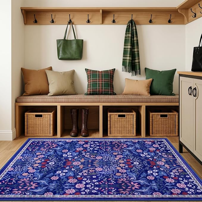 Area Rug Living Room Rugs: Floral 3x5 Washable Rug Vintage Soft Boho Non-Slip Carpet Indoor Floor Stain Resistant Large Carpets for Bedroom Dining Room Farmhouse Nursery Hallway Blue