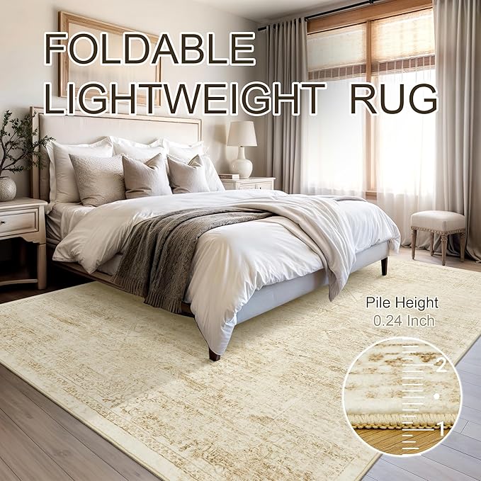 Soalmost Washable Area Rug 10x14, Large Soft Rugs for Living Room Vintage Beige Rug 10x14 Area Rugs for Bedroom Dining Room Floral Non-Slip Thin Rug