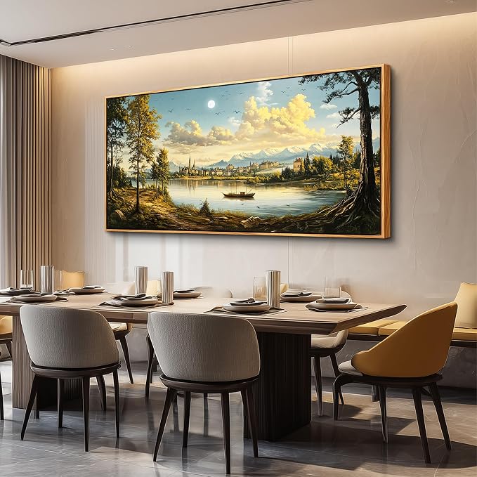 XIGUANGART Landscape Wall Art, Nature Wall Art, Large Framed Wall Decor, Riverside Farm Canvas Art Prints,Vintage Rustic Farmhouse Wall Decor Paintings for Living Room Bedroom Bathroom Kitchen 20"X40"