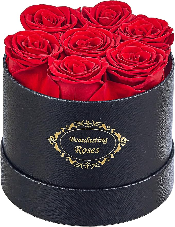 Beaulasting Long Lasting Preserved Roses in a Box Last a Year Forever Flowers for Her Mom Wife Anniversary Birthday (Round Black Box)