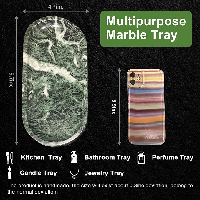 Marble Tray for Kitchen Counter,Stone Tray for Bathroom Countertop,Dresser Vanity Decor Tray,Storage Trays for Perfumes,Candles,Jewelry (Dark Green)