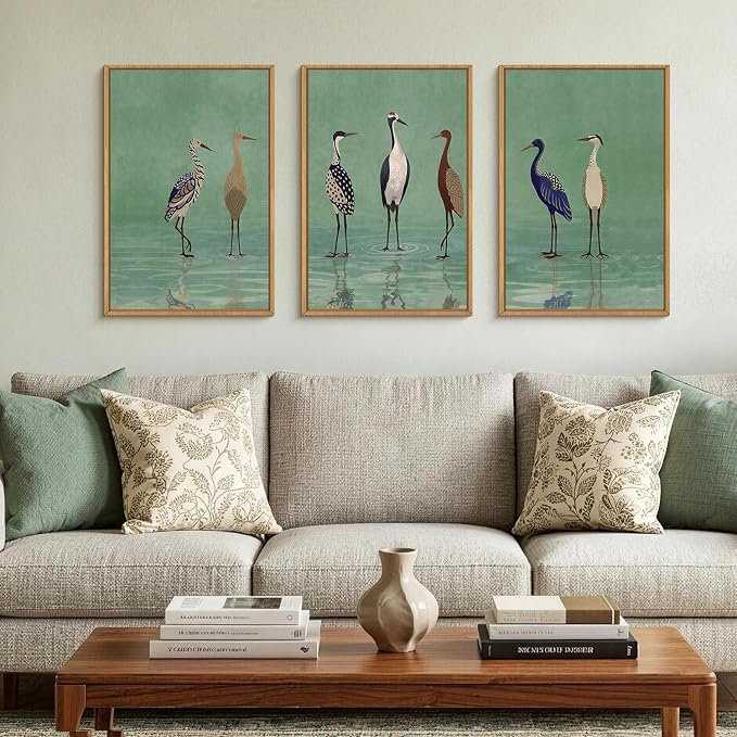 Large Vintage Birds Heron Framed Canvas Wall Art,Green Lake Wildlife Wall Decor,Minimalist Animals Art Prints,Natural Coastal Landscape Artwork for Living Room,Bedroom,Farmhouse- 24''x36''x3