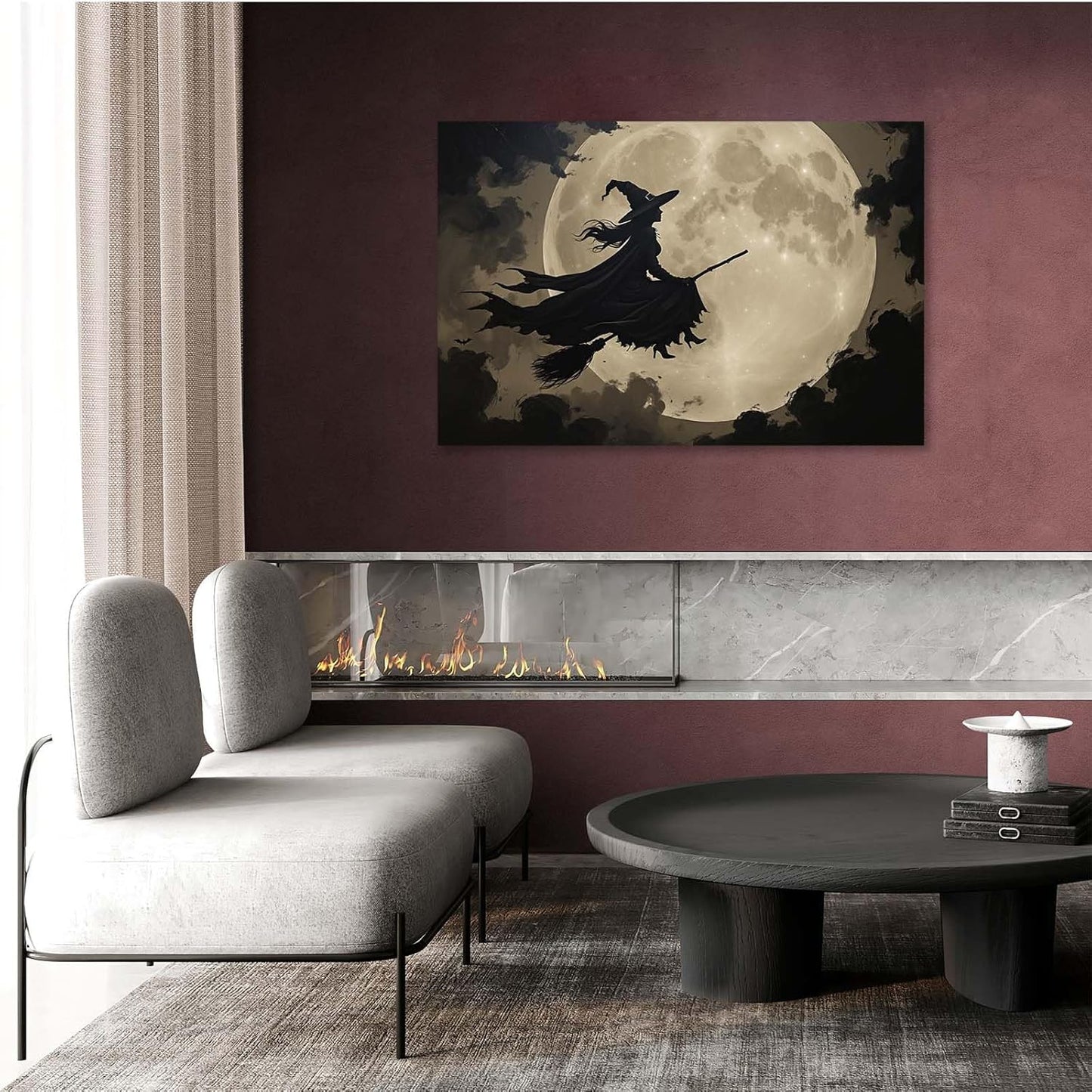 Full moon witch silhouette poster witch on magic broom Halloween mural poster decorative mural art suitable for home living room bedroom12x16in Wood Framed