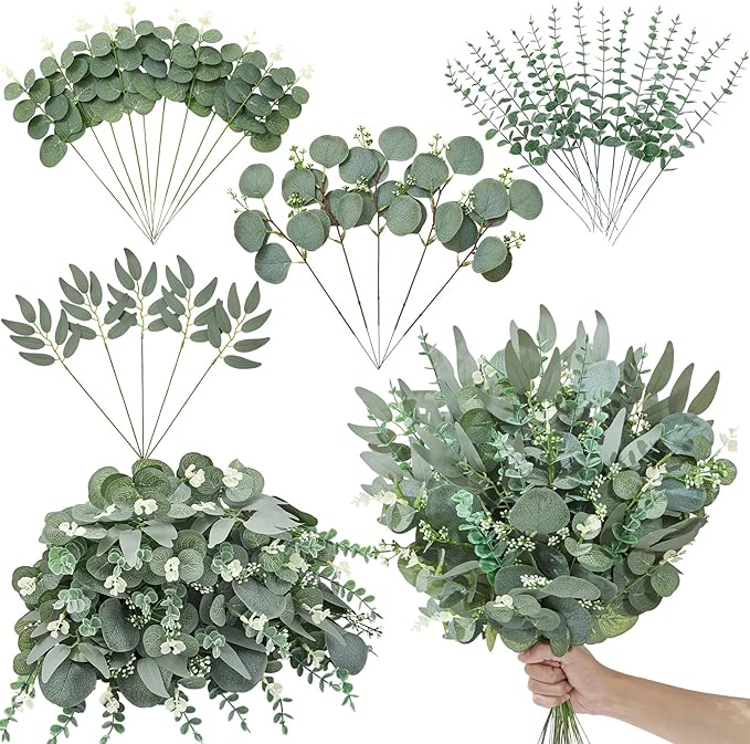 Serwalin 35pcs Artificial Mixed Eucalyptus Stems Leaves Bulk, 4Kinds Fake Greenery Silver Dollar Eucalyptus Leaves Picks,Faux Greenry Stems Sprays for DIY Bouquets Floral Arrangement Home Decor
