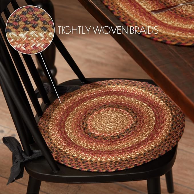 VHC Brands Ginger Spice Round Seat Cushion Chair Pad, Orange Red Natural, Jute Blend with Ties, 15x15 Inches