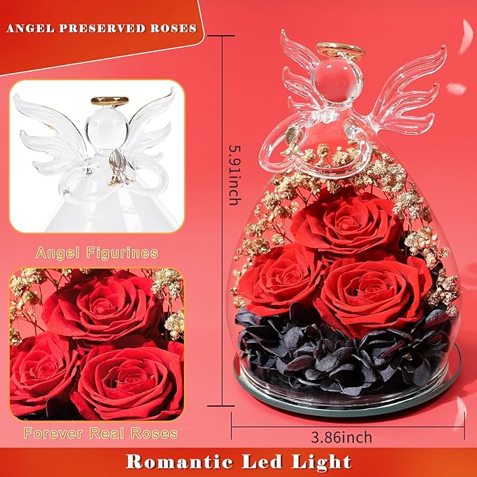 Beferr Mothers Day Mom Birthday Gifts for Women, Fresh Flowers for Delivery Forever Preserved Rose in Glass Angel Figurine, Anniversary Christian Real Rose for Grandma Nana Wife Mum from Daughter Son