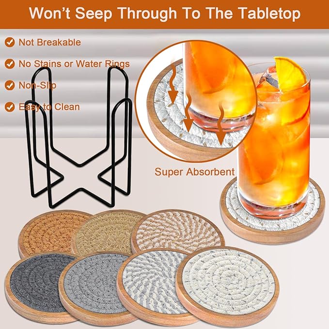 Eykao Coasters for Drinks Absorbent Sets of 8, Woven Coasters with Holder, Wood Coasters for Coffee Table, Housewarming Gift for Farmhouse Home Decor, 4 inches Brown & Gray