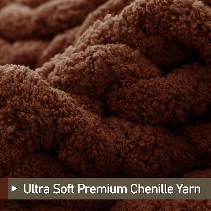 Chunky Knit Throw Blanket 50x60, 100% Handmade Chenille Yarn | 4.4lbs Soft Thick Cable Knitted Blankets, Large Rope Knot Crochet Throws for Couch Sofa Bed Machine Washable, Cocoa Brown