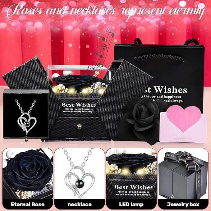 Pasuvsigt Valentines Day Rose Gifts for Her, Preserved Real Rose with I Love You Heart 100-Language Necklace, LED Lights & Music Box, Anniversary Birthday Valentines Gifts for Women Girlfriend Mom
