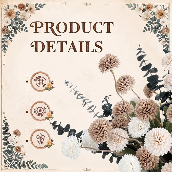 Hoteam 36 Pcs Artificial Chrysanthemum Flowers Bouquet with Dried Eucalyptus Leaves 15 Stems Fake Mums 21 Stems Preserved Eucalyptus for Vase Home Decor Wedding Centerpieces (White Khaki)