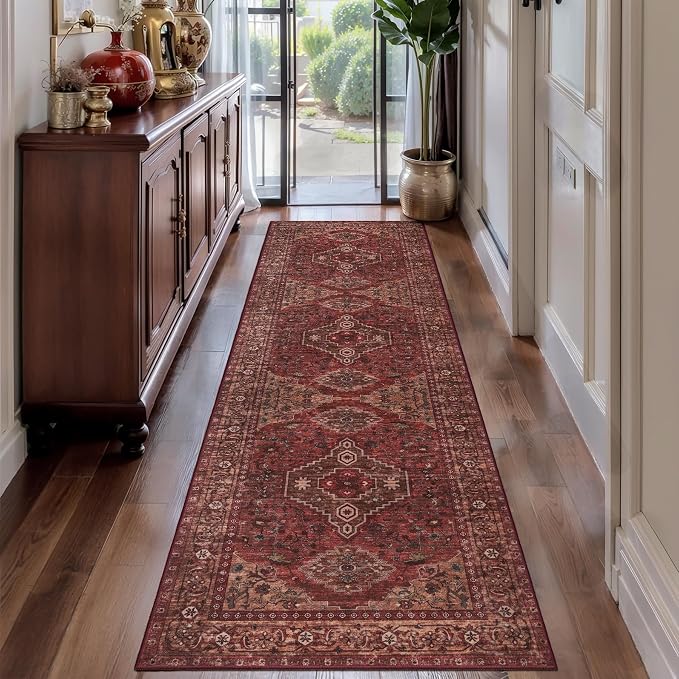 Tangsoo Red 2.6x10 Washable Hallway Runner Rug, Non Slip Boho Runner Rug for Hallways, Vintage Soft Low Pile Long Rug Runner, Oriental Carpet Runners for Kitchen Bedroom Entryway Living Room Dark Red