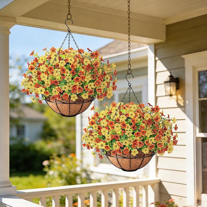 Artificial Fake Hanging Flowers Plants Basket Outdoors, Faux Silk UV Resistant Look Real Daisy Eucalyptus for Spring Summer Garden Porch Home Patio Balcony Yard Decorations, Orange Yellow
