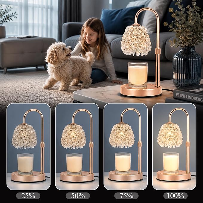 Candle Warmer Lamp with Timer & Dimmer, Adjustable Height Candle Lamp, Hand-Embedded Glass Crystal Lampshade, Valentine’s Day Gifts for Women/Mom, Wax Warmer for Home Decor (Rose Gold)