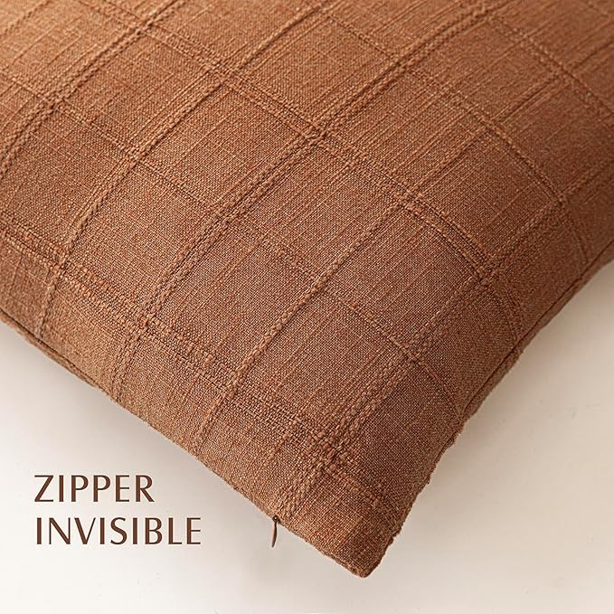 Foindtower Set of 2 Decorative Linen Check Throw Pillow Covers Neutral Farmhouse Vintage Cushion Covers Modern Boho Home Decor for Sofa Chair Couch Bedroom Living Room,24×24 Inch,Orange