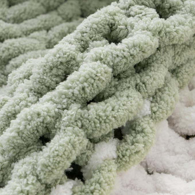 Battilo Chunky Knit Throw Blanket, Soft and Thick Chenille Throw Blanket, 50"x60" Handmade Cable Knit Crochet Blanket, Large Rope Knot Throw Blankets for Couch Sofa Bed Home Decor, Sage & White