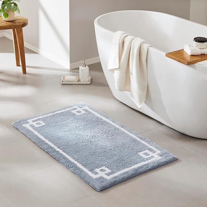 Madison Park Evan 100% Cotton Bathroom Rug Non Slip Backing-Luxrurious Tufted Plush Bath Mat Absorbent, Quick Dry, Spa Design Shower Room Décor, 24x40, Blue