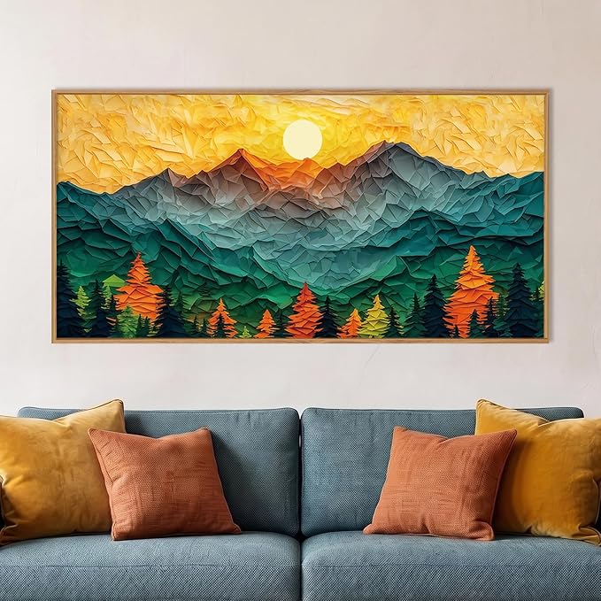 Abstract Boho Mountain Framed Canvas Wall Art Set,Golden Teal Pine Tree Sunset Wall Decor,Papercraft Sun Forest Landscape Art Print for Living Room,Bedroom,Dining Room,Office20 x40