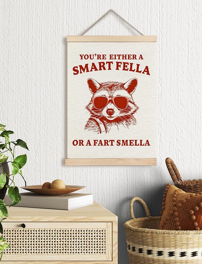 Foritho Funny Raccoon Meme Wall Art Poster Framed, Retro Sarcastic Trash Panda Are You A Smart Fella Or Fart Smella Canvas Prints Wall Decor for Home Bathroom Restroom Man Cave Teen Room, 12x16 Inch