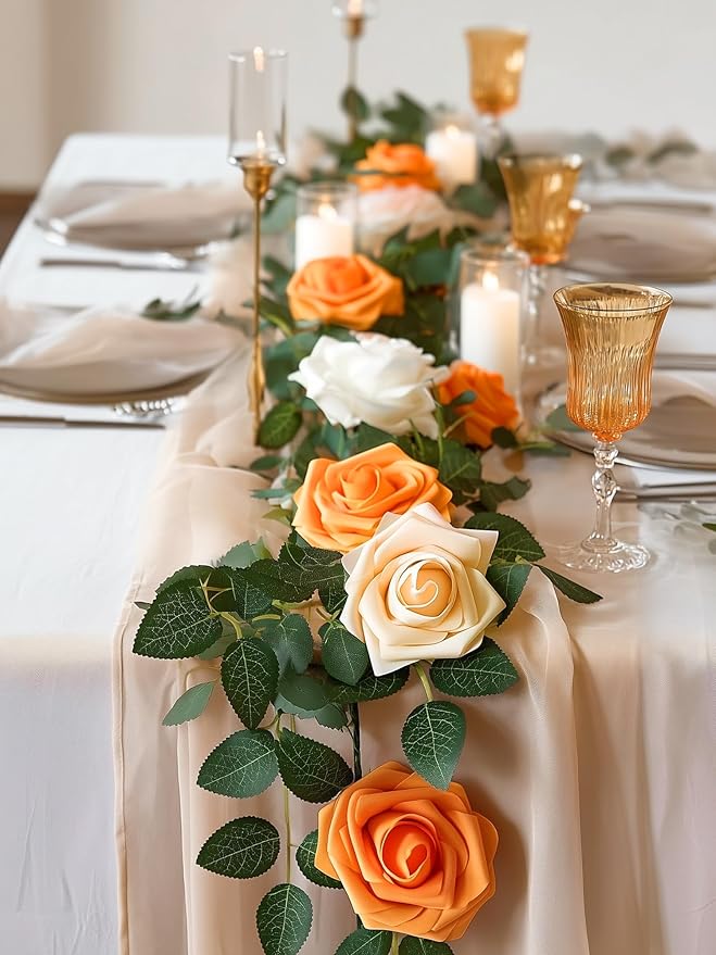 InnoGear Artificial Flowers, 50 Pcs Orange Rose Foam Fake Roses Bulk with Stems for Autumn Fall Decoration DIY Wedding Bouquets Centerpieces Bridal Shower Party Christmas Tree