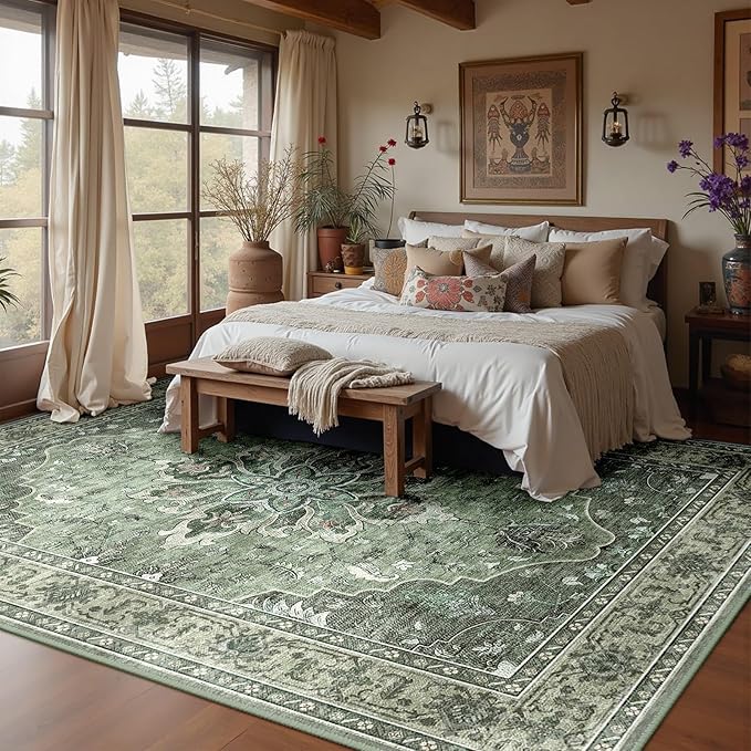 RELEANY Area Rugs 8'x10' Washable Non-Slip, Floral Vintage Distress Print Pattern Medallion Carpet for Living Room Bedroom Dining Room, Dark Green Gray