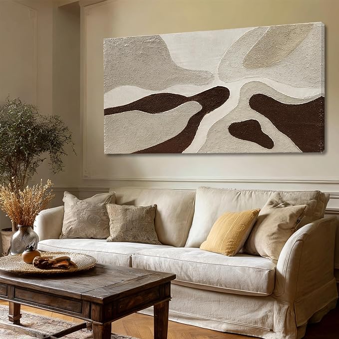 ZUNARE Hand-Painted Abstract Canvas Art – Neutral Beige, Brown, Taupe Textured Modern Wall Art for Living Room, Bedroom, Office, Ready to Hang, 24×48 in