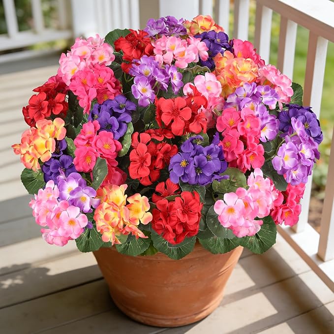Artificial Geraniums Flowers for Outdoors, 6 Bundles Realistic Silk Fake Geranium, No Fade Faux Plants for Hanging Baskets, Window Boxes, Pots - Porch, Patio, Garden Decor(6 Color)