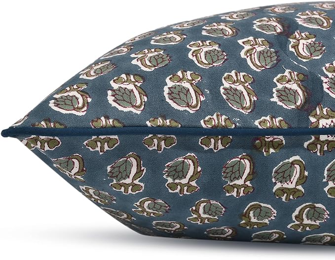 Ridhi Block Print Peacock Blue Pillow Cover 24" x 24" (Pack of 2) Decorative Couch Pillows for Living Room, Chic Boho Cute Outdoor Pillows Covers Gifts for Spring, Easter and Valentine