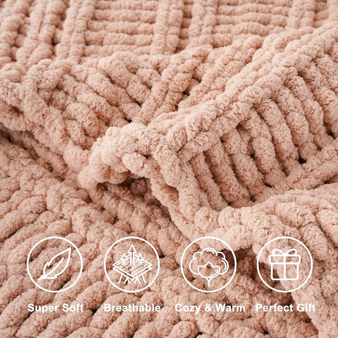 Battilo Chunky Knit Throw Blanket for Couch, 50"x60", Pink | Hand Knit, Gift Blanket for Girls, Women, Cozy Warm Thick Soft Chenille Throw Blanket for Chair, Sofa, Living Room