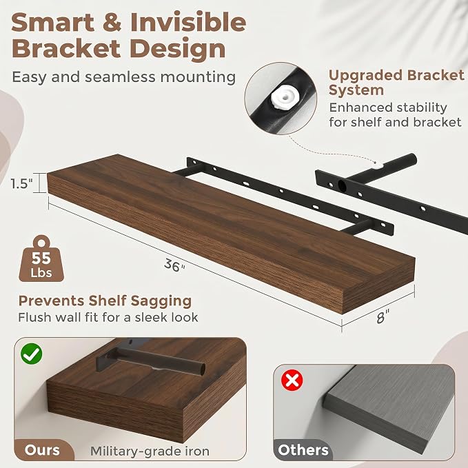 36 Inch Floating Shelves for Wall, 8"D Wood Storage Shelves, Walnut Finish | Engineered Wood, Invisible Bracket, Large Storage, Easy Install, Hold Up to 55lbs, Living Room, Bathroom, Bedroom, Kitchen