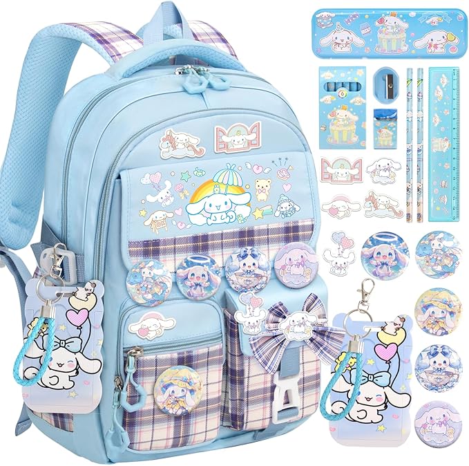 KIEAL 16.5/19IN School Backpack for Girls with 24Pcs Accessories, Anti-Theft Kids Backpack for Students, New Semester Presents with Pins and Card Holder