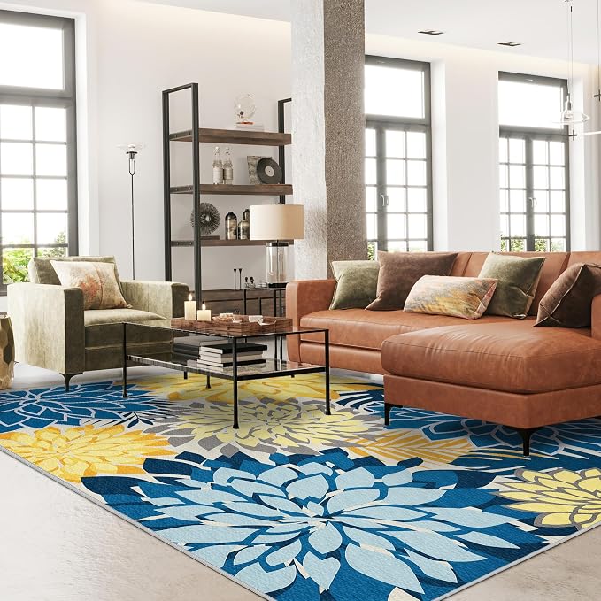 Colorful 8x10 Outdoor Area Rug Washable Multicolored Patio Rug Tropical Botanical Floral Chenille Waterproof Outdoor Carpet Non-Slip for Deck, Backyard, Porch, Ocean Dahlia