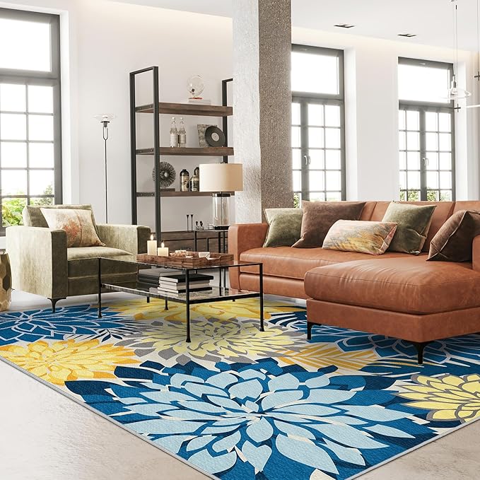 Colorful 5x8 Outdoor Area Rug Washable Multicolored Patio Rug Tropical Botanical Floral Chenille Waterproof Outdoor Carpet for Living Room, Deck, Backyard, Porch, Ocean Dahlia