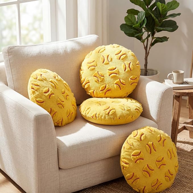 Gerrii 4 Pcs Sports Throw Pillows Basketball Softball Football Soccer Volleyball Tennis Pillow Fluffy Stuffed Plush Cushion Gift for Senior Night Home Bedroom Decor Birthday Present(Jacquard Softball)