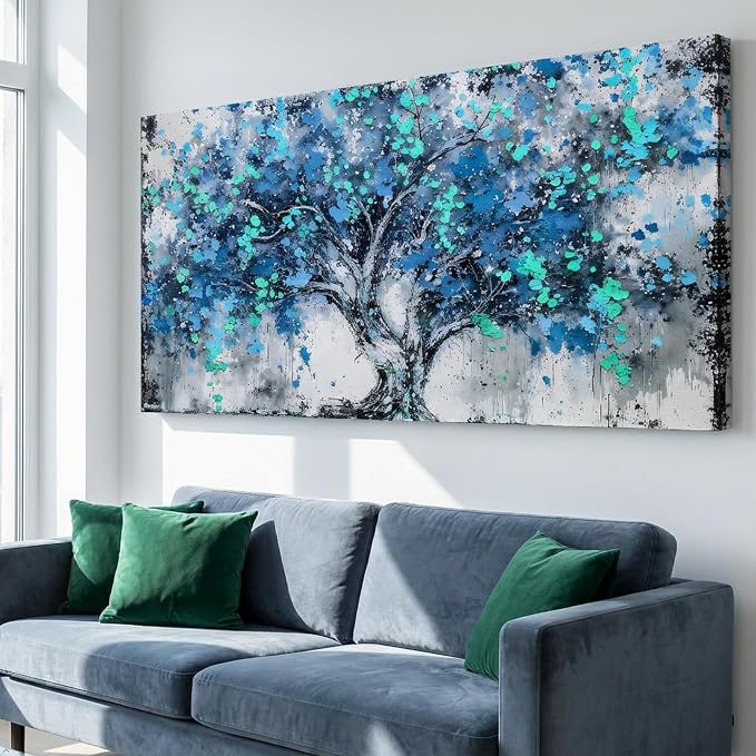 Tree Wall Art Teal Blue Nature Tree of Life Abstract Canvas Painting Textured Picture, Modern Landscape Artwork Framed for Living Room Bedroom Bathroom Office Home Decor 58x28in