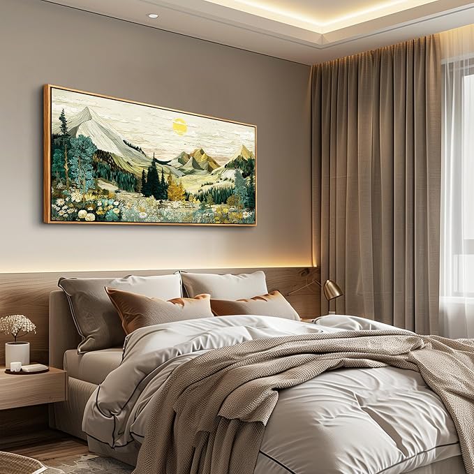 XIGUANGART Large Canvas Wall Art - Abstract Painting Decor, Mountain Pictures, Vintage Flower Boho Framed Painting,Modern Rustic Farmhouse Landscape Art Prints for Bedroom Office Decoration, 20x40 IN