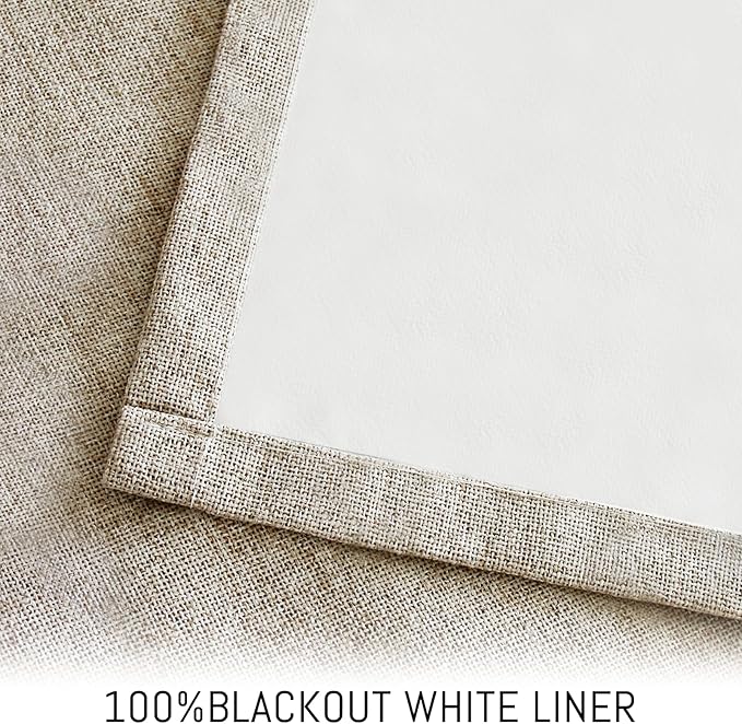 Yakamok Natural Linen Curtains 100% Blackout 72 Inches Long,Room Darkening Textured Curtains for Living Room Thermal Grommet Bedroom Curtains 2 Panels with Greyish White Liner