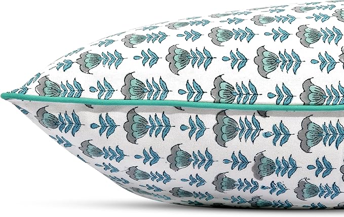 Ridhi Block Print Aquamarine Blue Pillow Cover 18" x 18" (Pack of 2) Decorative Couch Pillows for Living Room, Chic Boho Cute Outdoor Pillows Covers Gifts for Spring, Easter and Valentine
