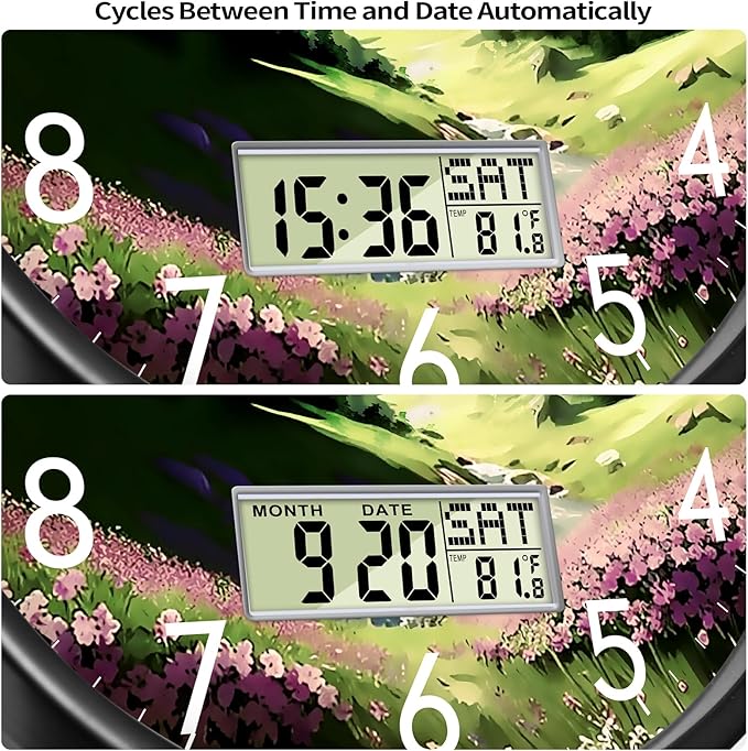 14 Inch Mountain Wildflowers Wall Clock, Silent Non-Ticking Battery Operated Analog Clock with LCD Calendar & Temperature Display, Modern Wall Clock for Living Room, Bedroom, Farmhouse, Cottage Decor