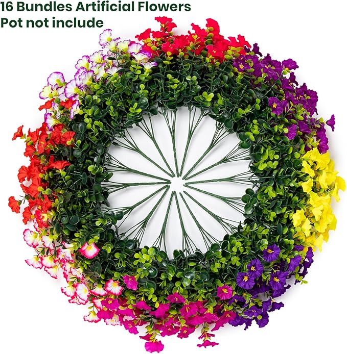Nigirior Artificial Faux Flowers for Outdoor 16 Bundles Boxwood Fake Morning Glory for Planter,UV Resistant Fake Flowers for Home Porch Patio Outside（8 Color）