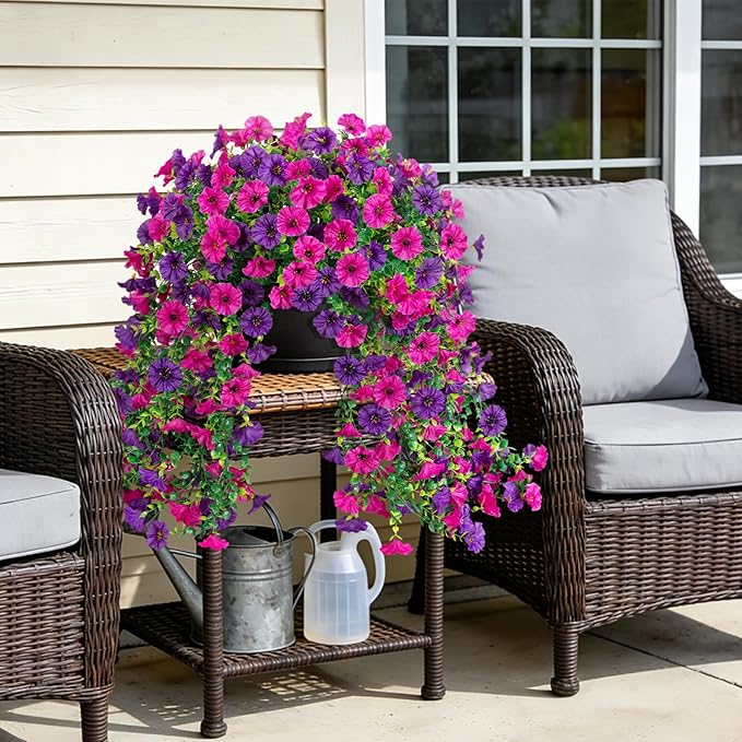 Fake Artificial Hanging Morning Glory Flowers for Outdoor Planters Porch Pation Decoration,2 Bundles UV Resistant Silk Faux Flowers with Realistic Eucalyptus Plants for Home Office Garden Decor