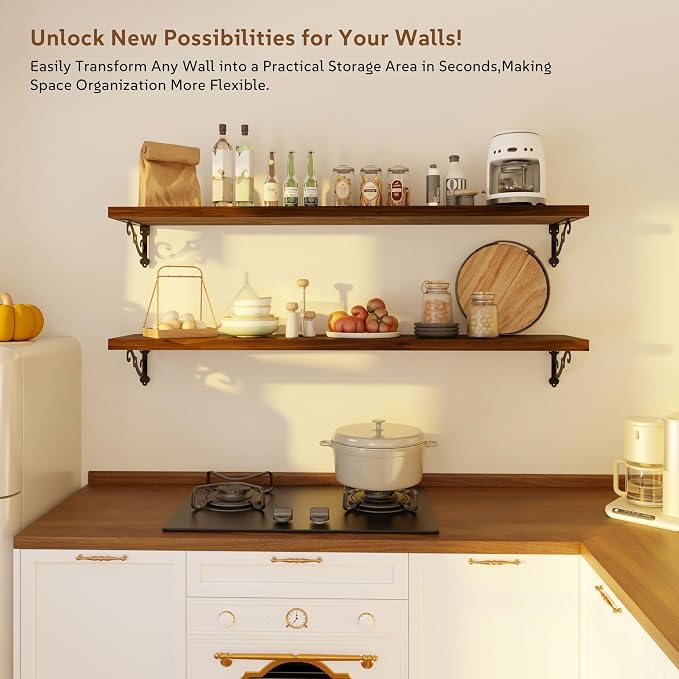 48 Inch 2 Tier Solid Wood Floating Shelves for Wall with Metal Brackets | 48 inch solid pine shelves, 2 tier, walnut finish, metal brackets for books, decor and home storage