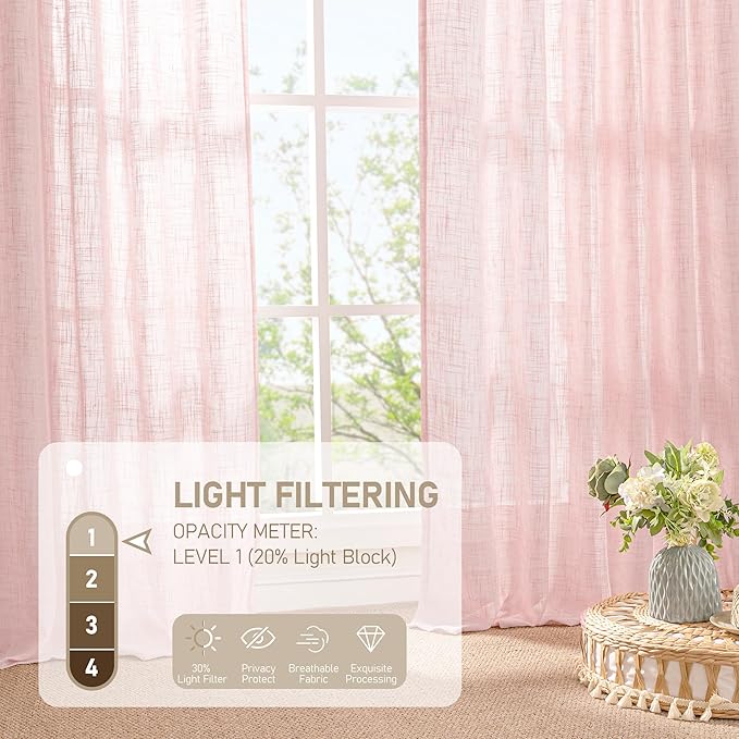 LAMIT Semi Sheer Linen Curtains 45 Inches Long, Light Filtering Panels Back Tab and Rod Pocket Neutral Drapes for Girls Room/Window/Bedroom, Pink, 2 Panels, 52 x 45 Inch
