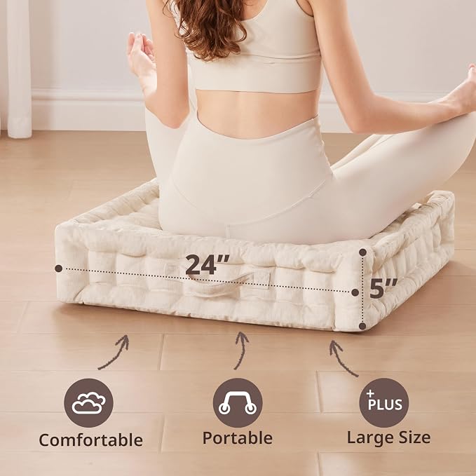 Intelligent Design Azza Floor Pillow, Large Cushions Sitting for Adults, Floor Pillow for Meditation or Yoga, Lustrous Chenille Tufted with Scalloped Edges for Bench/Chair Cushion, 24"x24"x5" Ivory
